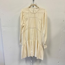 Mango MNG Cream Cotton Lace Pintuck Mini Dress Women's Size 8 Large Boho Tiered