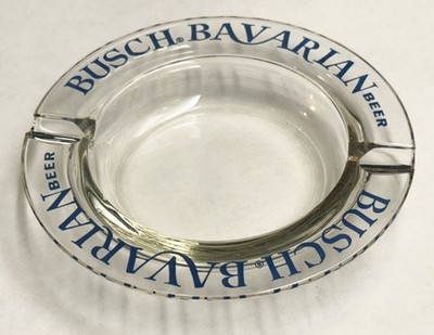 VINTAGE BUSCH BAVARIAN BEER ASHTRAY, GLASS WITH BLUE PRINT, 5''