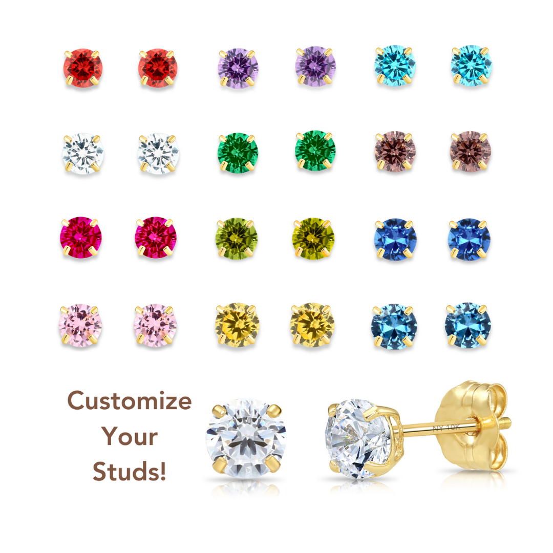14K Solid Yellow Gold Birthstone Round CZ Stud Earrings