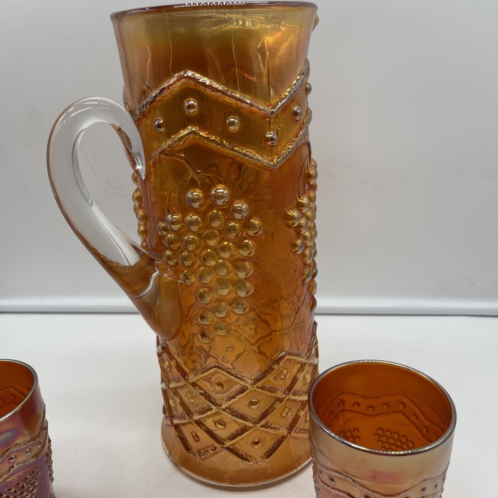 Fenton Marigold Carnival Glass Lattice & Grape Water Set Pitcher & 3 Tumblers