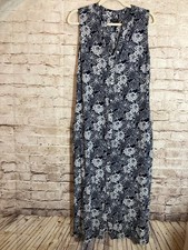 Talbots Midi Dress Women 12 Petite Midnight Blue Floral Full Button Front Pocket