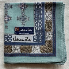 VTG Handkerchief Blue Mint Cotton line Art Ornament Classic Pocket Square 17"