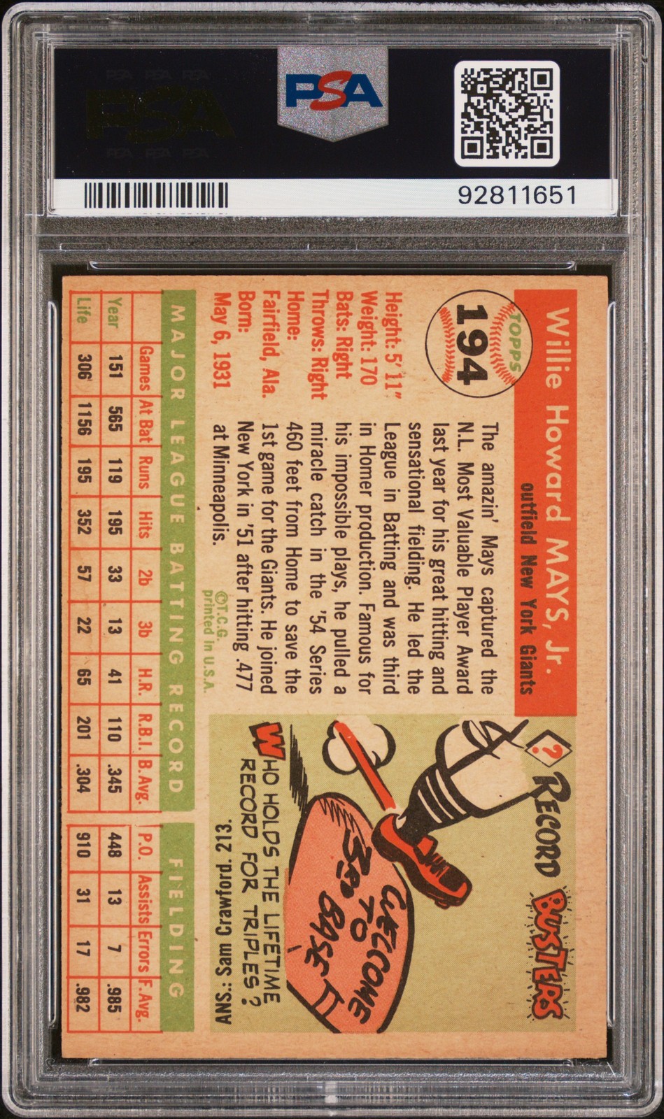 1955 Topps #194 Willie Mays PSA 4 view 2