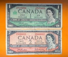 Canadian Circulated Banknotes - Currency $1 & $2 Dollar Bills from 1954