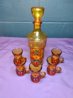 VINTAGE ITALIAN BORMIOLI ROCCO FIGLI BRF AMBER GLASS DECANTER & 6 GLASSES, VG