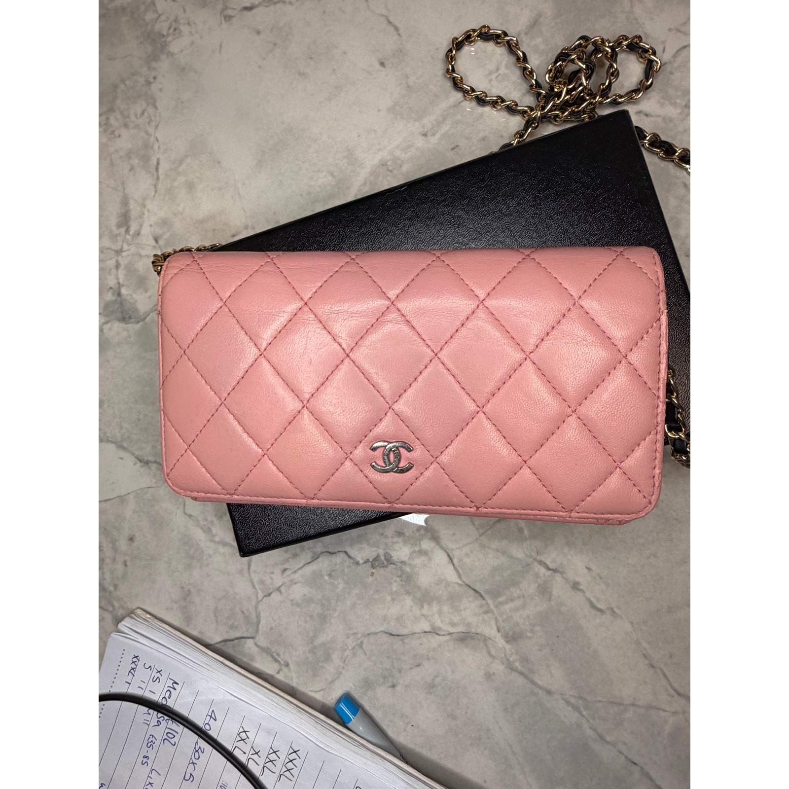 Chanel Quilted Wallet on Chain (WOC) in pink lambskin, with silver-tone CC logo