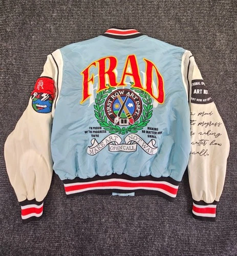 First Row Jacket Pen & Brush Varsity Jacket Mens Medium Sky Blue Quilted Lined image 2