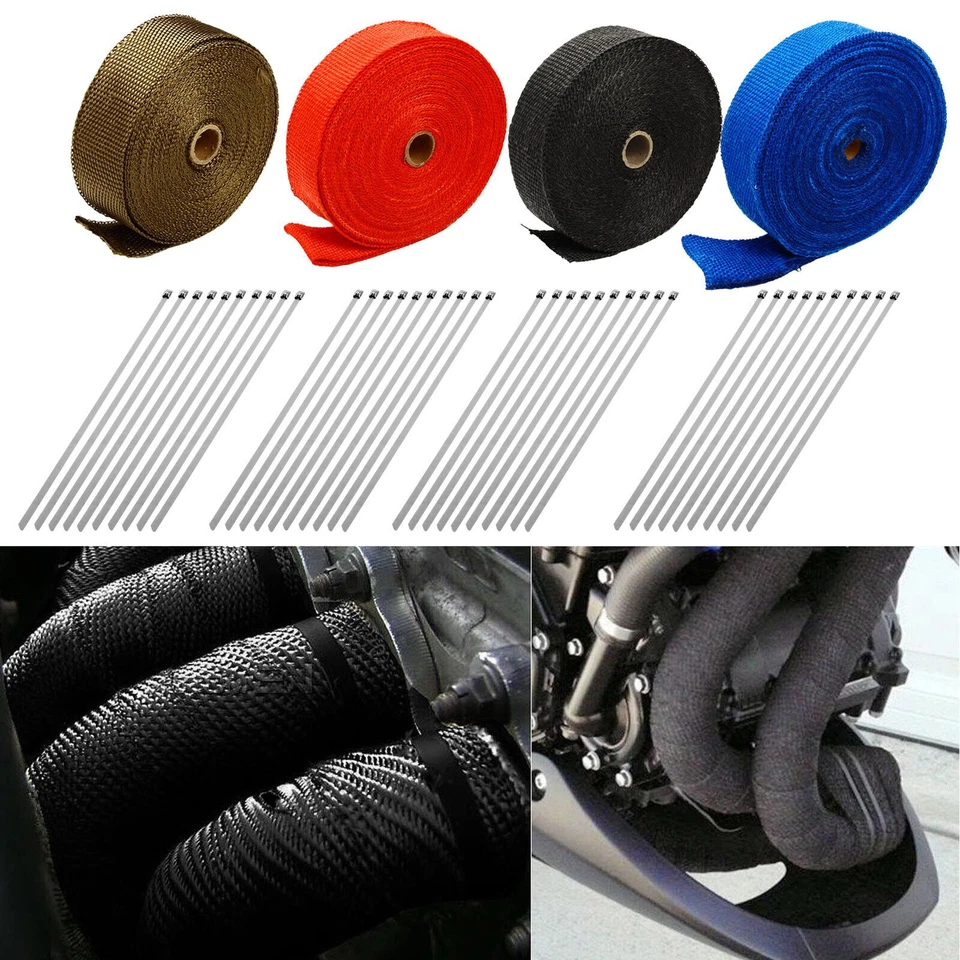 Cinta de envoltura térmica de tubo de escape de fibra de vidrio rollo de 2" 50 pies + kit de lazos 4 colores Foto 2 de 4