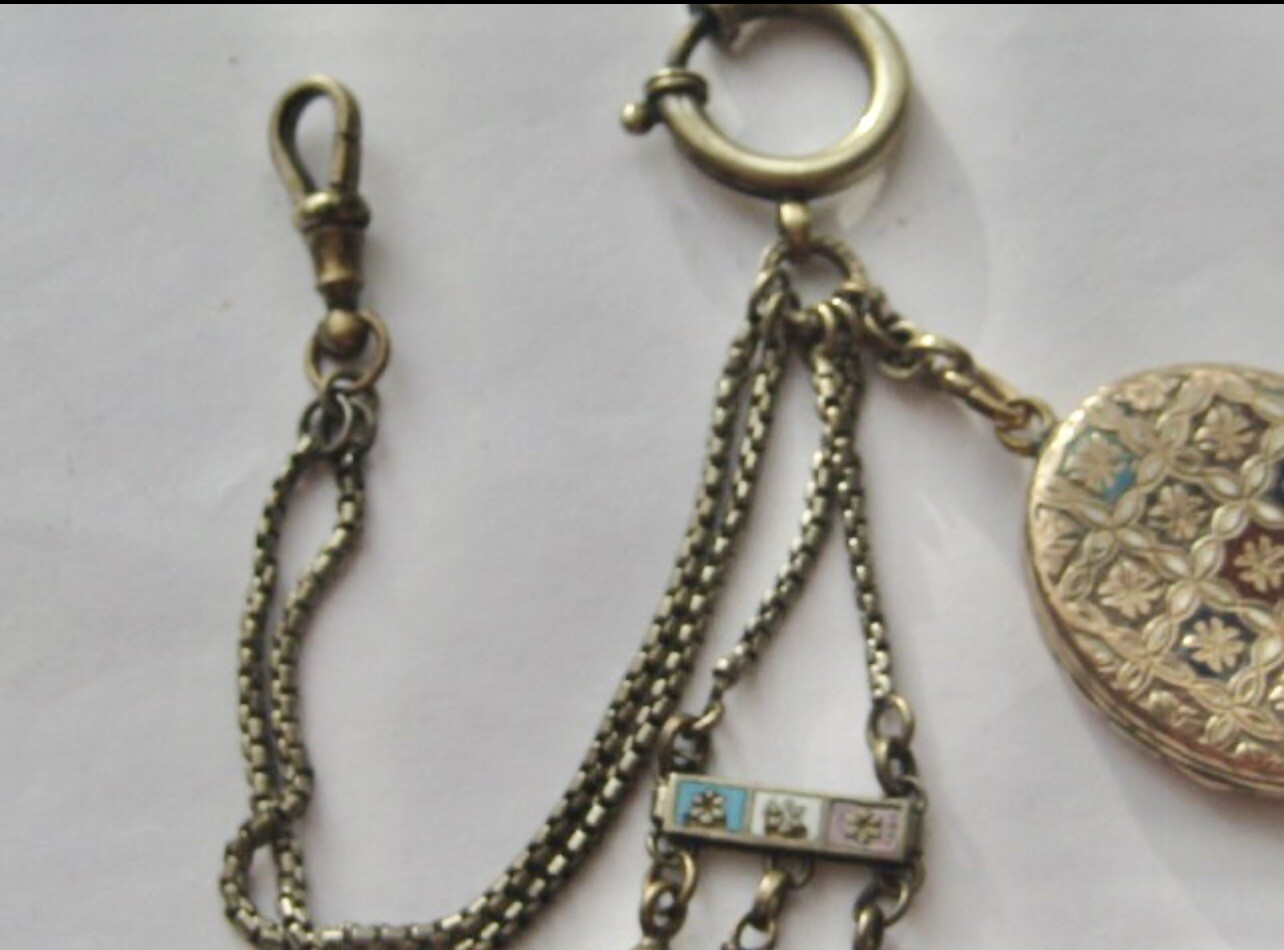 Antique Victorian Rolled Gold Enamel Oval Locket & Fob Watch Chain 5 1/ ...