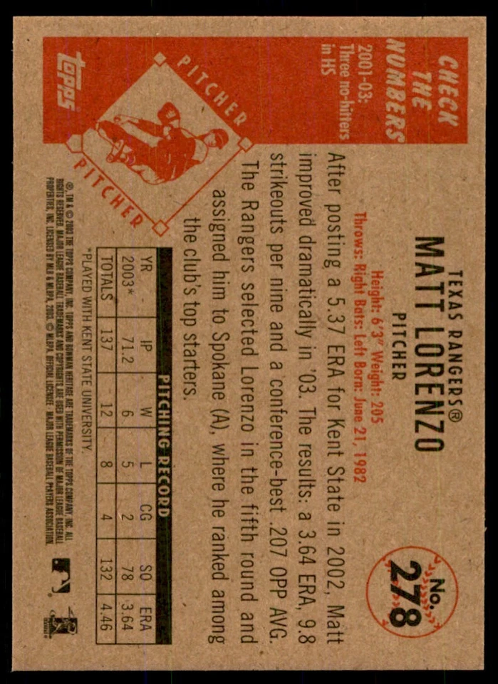 2003 BOWMAN HERITAGE MATT LORENZO TEXAS RANGERS #278 - Image 2 of 2