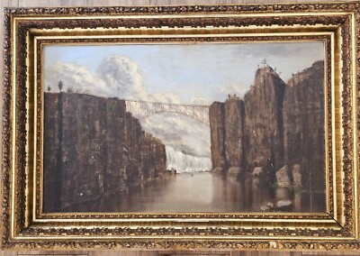 19TH CENTURY AMERICAN IMPRESSIONIST OIL ON CANVAS PASSAIC FALLS BRIDGE OF 1827