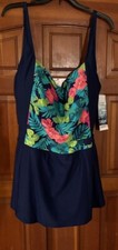 NWT GABAR 1pc NAVY Tropical Floral Swim Dress Tummy Control sz.22W