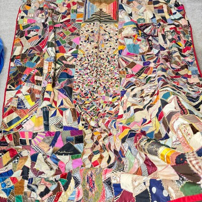 vintage handmade crazy quilt twin patchwork satin velvet embroidered signed