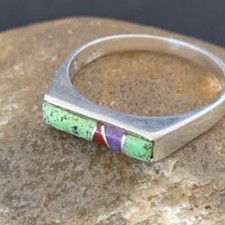 Gaspiete, Purple Stone & Coral Navajo Sterling Silver Inlay Ring Size 8.25 10983