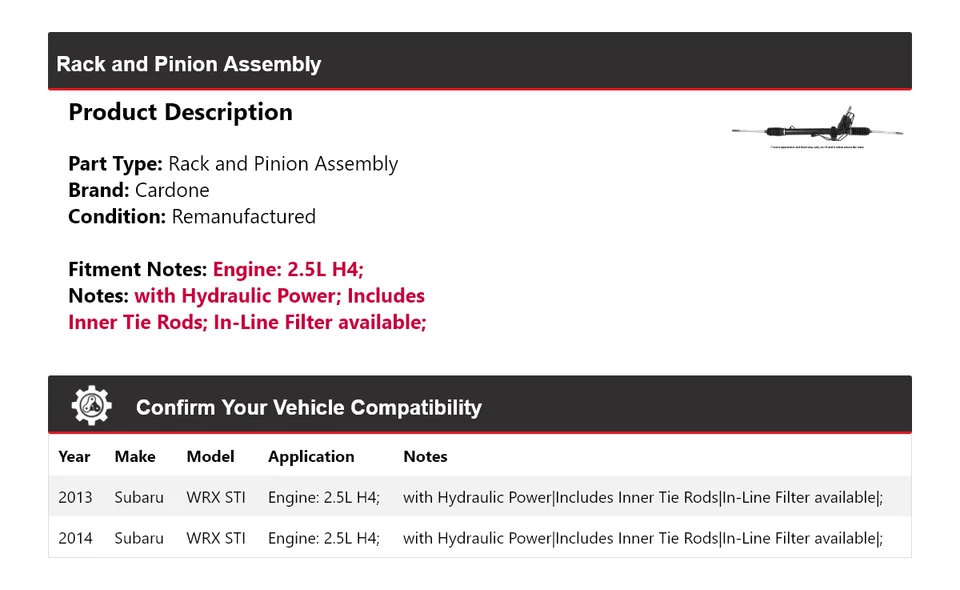 Conjunto de piñón y cremallera cardone para Subaru WRX STI 2013-2014 2,5 L H4 Foto 2 de 4