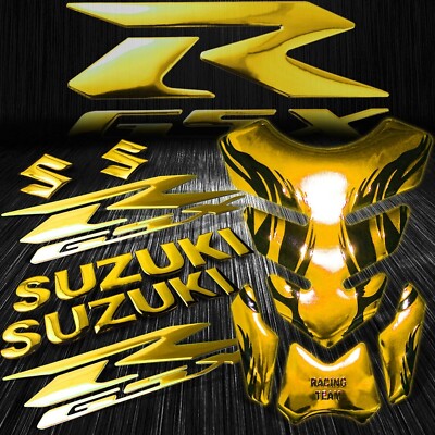 Chrome Gold Tribal Fire Gas/Fuel Tank Pad+3D 8'' Logo&Letter+GSXR Emblem Sticker