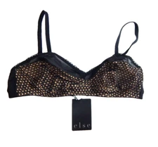 Else Women's Small Bralette Black Beige Lace Mesh Hidden Layer Soft Cup NEW NWT