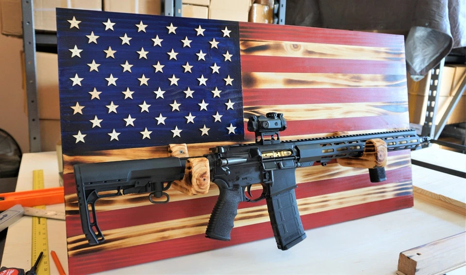 Wooden Rustic American Flag with Gun Rack Handmade 36” x 19.5” Made in the US - Image 4 of 4