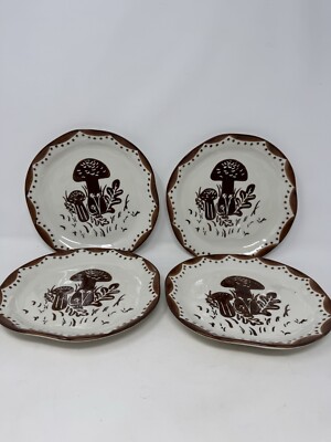 4 Potter's Studio BROWN MUSHROOMS Ceramic Salad or Dessert Plates 8'' Cottage NEW