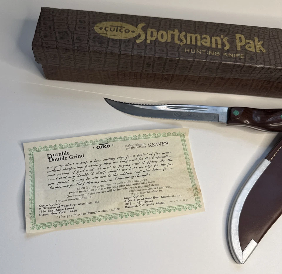 Cuchillo de caza de pesca dentado Cutco 1063 de colección mango de remolino marrón funda original Foto 2 de 4