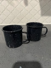 Vintage Pair Of Speckled Black Enamel Metal Mugs Coffee Cups Camping Cookware
