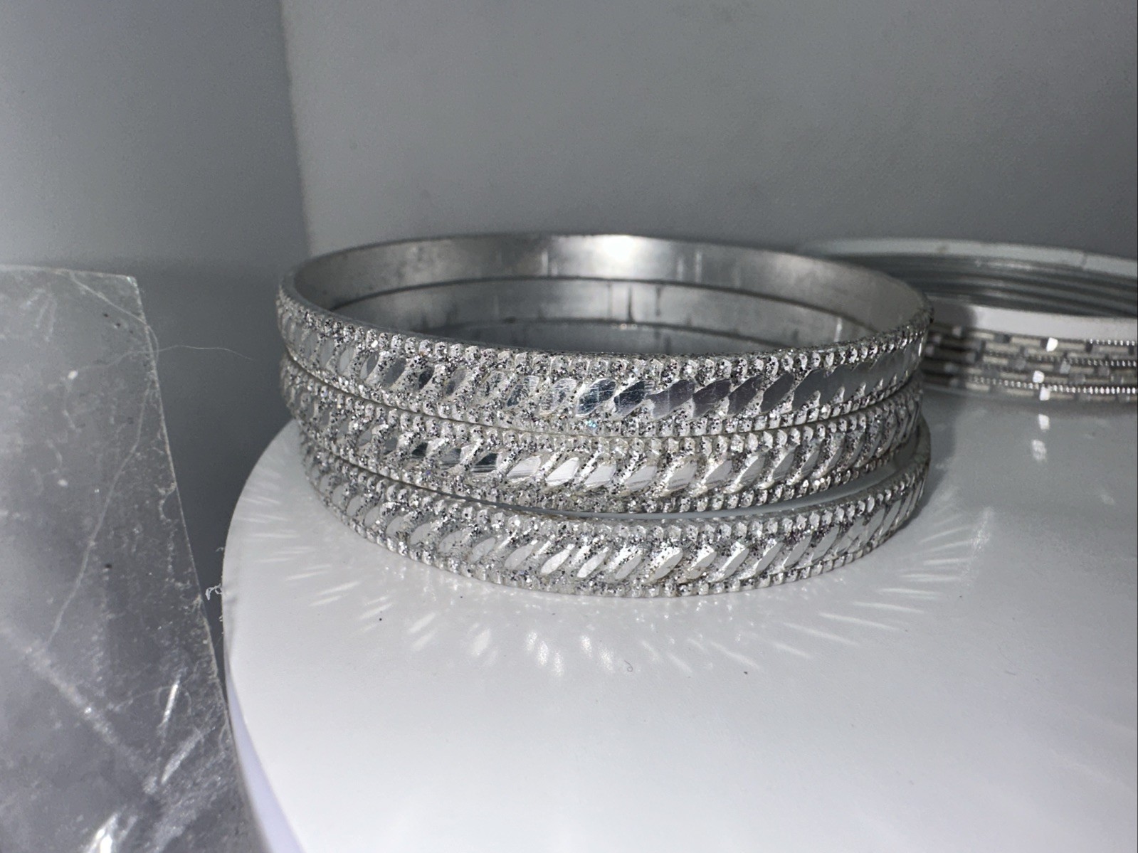 73/4" Stackable silver tone and etching bangle br… - image 2