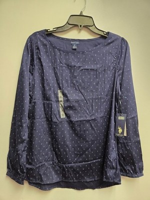 U.S. Polo Assn. Women s Navy Geometric Blouse M Medium NWT Long Sleeve Woven