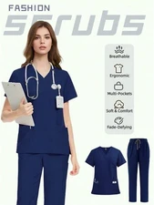Unisex Scrub Set –VNeck Top & Straight Pants with Pockets Nurse Medical Uniform