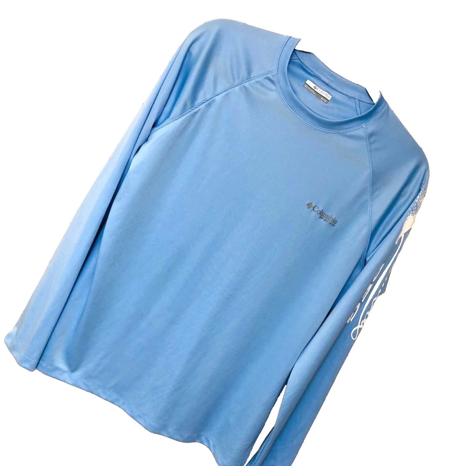 COLUMBIA Long Slv Shirt Men's XL Blue Performance PFG Omni Shade Spell Out UPF