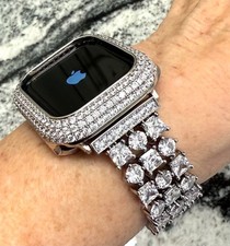 Series 40-49mm 14k Whte gold GP Apple Watch case and cz bling apple watch band