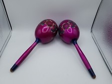 Vintage Wood Maracas Purple Hand Painted Carved Flowers Shakers Percussion 10  