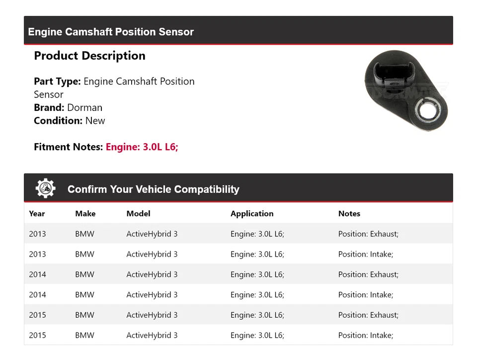 Sensor de posición del árbol de levas del motor Dorman L6 3,0 L 2013-2015 BMW ActiveHybrid 3 Foto 2 de 4