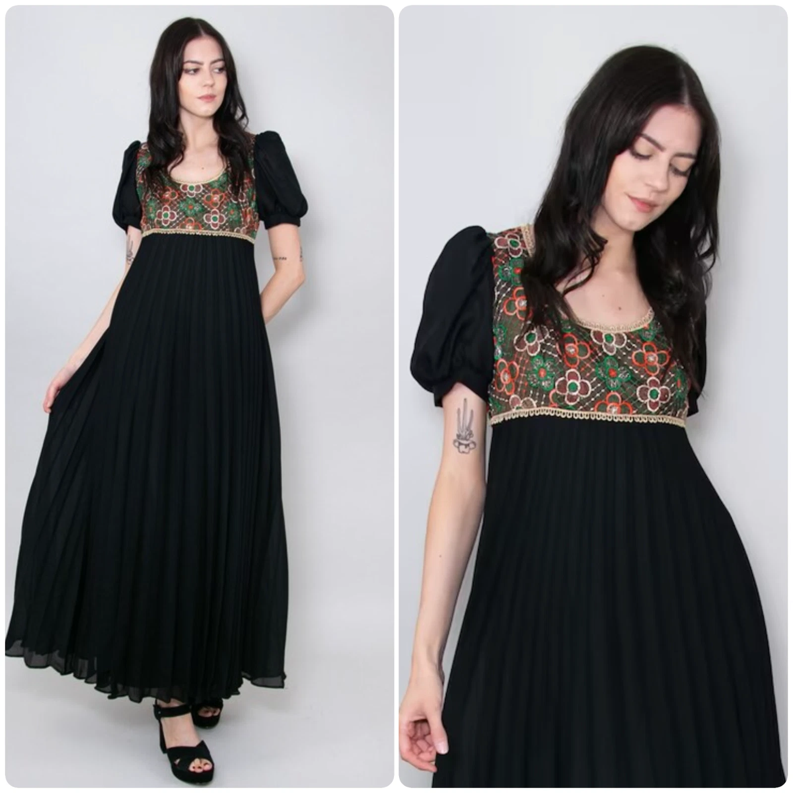 70's Vera Mont Of Paris Short Sleeve Gold Embroidery Black Pleated Maxi Dress