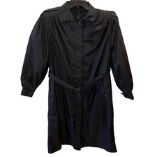 Weather Wise Womens Sz 11/12 Black Long Sleeve Button Tie Waist Trench Raincoat