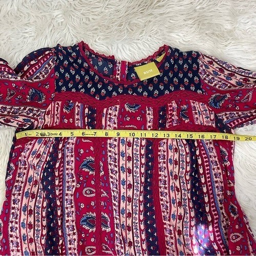 Maeve for Anthropologie Red Blue Gretchen Patchwork Boho Long Sleeve Blouse 2 - Picture 6 of 12