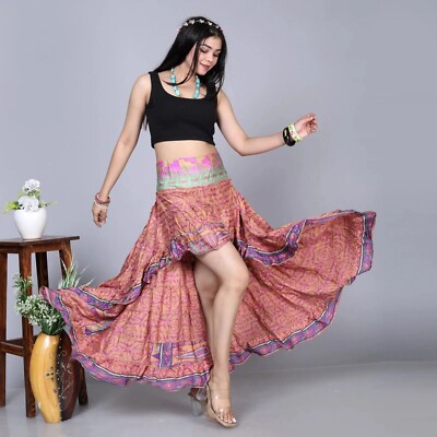 High Low Maxi Boho Gypsy Ruffle Skirt Handmade Recycle Silk Sari