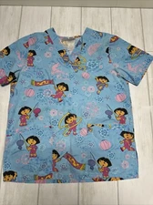 Dora The Explorer V-neck Blue Nurse Medical Scrub Uniform Top Women’s Small