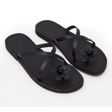 Women's Low Italian Leather Flip Flops Artisan Flower Ostuni Black
