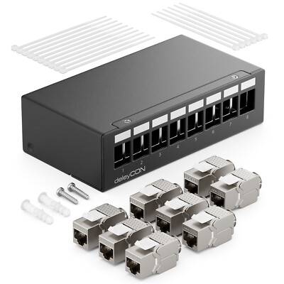 8 Port Patchpanel Gehäuse + 8x RJ45 Keystone Jack Modul Panel Verteiler Aufputz