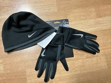 Nike Therma Men's Beanie Hat and Glove Set Black Gray Fleece Lined Running S / M