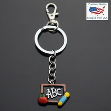Teacher Thank You Keychain Red Apple ABC Chalkboard Pencil Key Ring Clip Gift