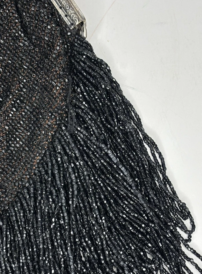 1920-х годов Flapper сумочки ар-деко черный бисер бахрома с подкладкой металлическая рама треугольный - Изображение 4 из 4