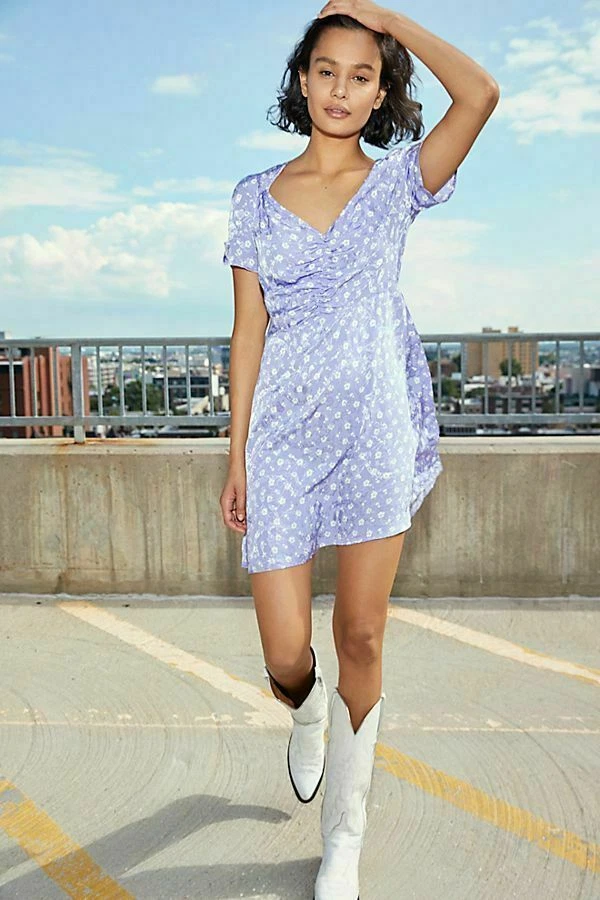 Free People Lavender Bond Street Floral Print Short Sleeve Mini