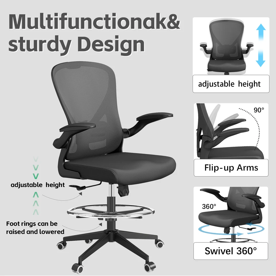 拟稿椅高办公椅可调节高度带腰部支撑臂 — 第 2/4 张图片