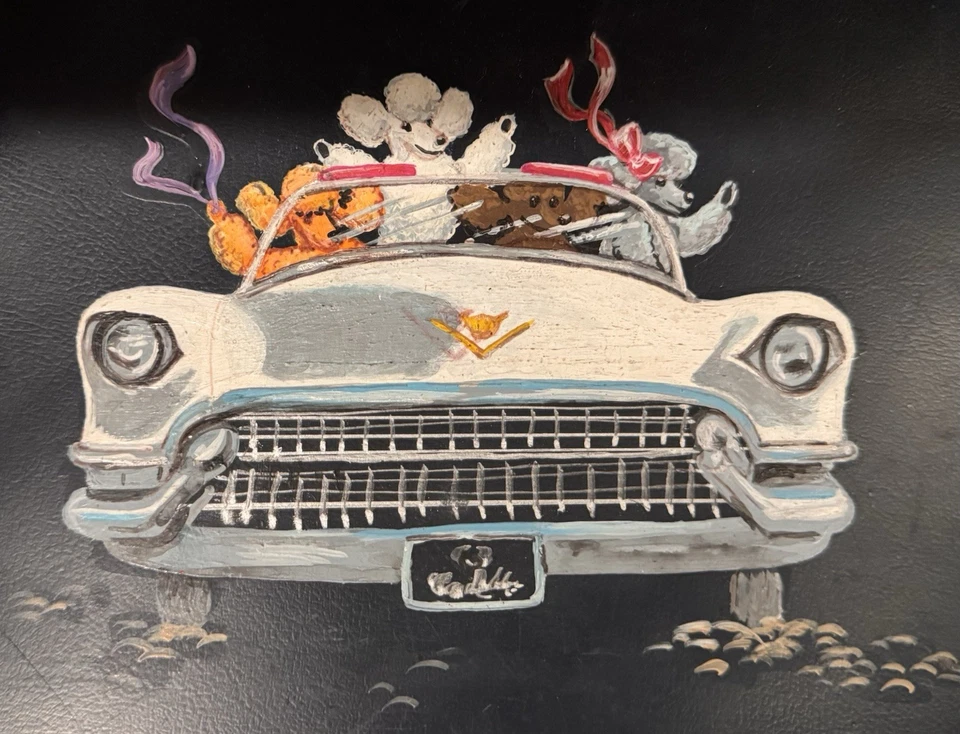 Cartera de mano vintage pintada a mano Cadillac convertible con caniches Foto 2 de 4