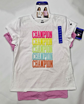Champion Girls 2-Pack T-Shirts Size Large 14/16 White Pink Short Sleeve NWT