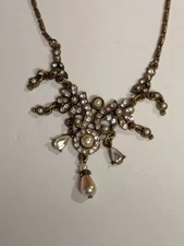 Vtg Necklace Sweet Romance USA Rhinestone Faux Pearl Brassy Metal 19 " Wear