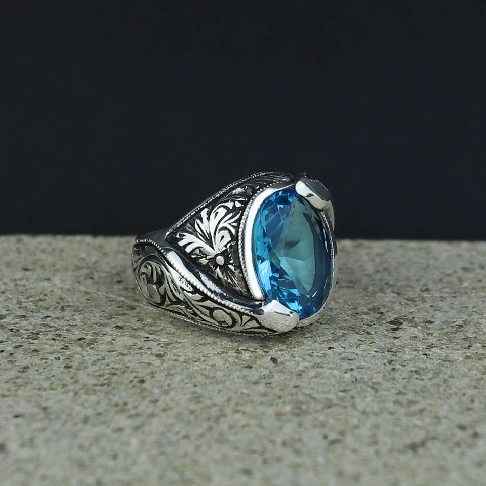 Anillo Aguamarina Grabado Piedra Aguamarina Plata, Anillo Aguamarina Azul Moderno Foto 3 de 4