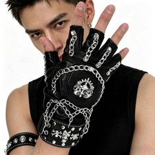 Men's Punk Fingerless Gloves with Bracelet Skeleton Chain Bicycle Leather Gloves