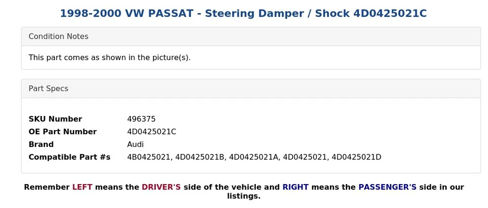 VW PASSAT 1998-2000 - Amortiguador de dirección / Amortiguador 4D0425021C Foto 3 de 4